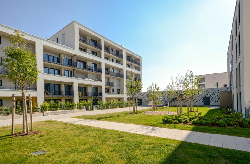 Moderne Wohnanlage mit gepflegten Außenflächen – Facility Management München Gepflegte Wohnanlage mit Grünflächen – LS Facility Management für Hausverwaltungen in München